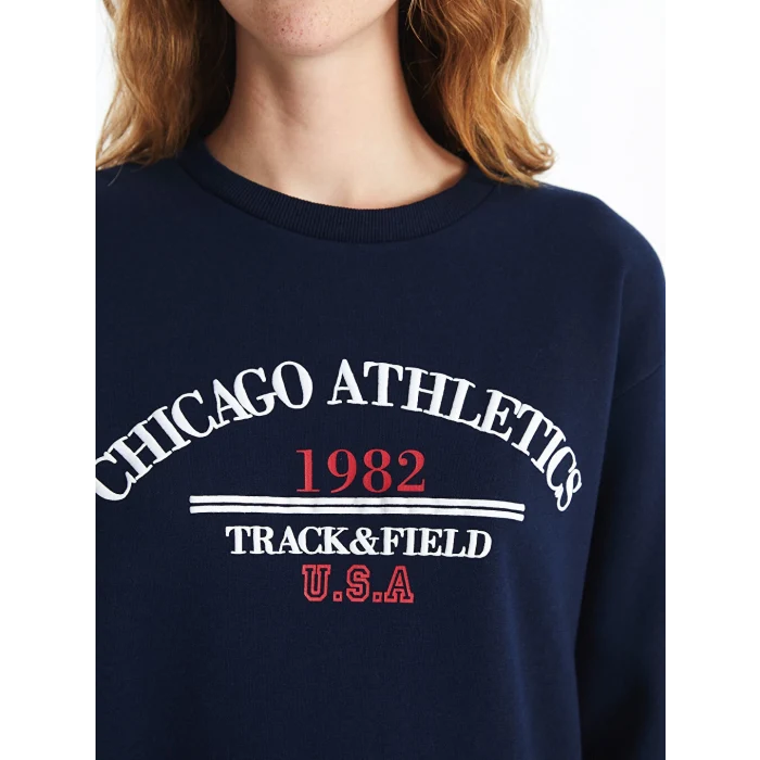 XSIDE Lacivert Bisiklet Yaka Baskılı Kadın Kalın Sweatshirt