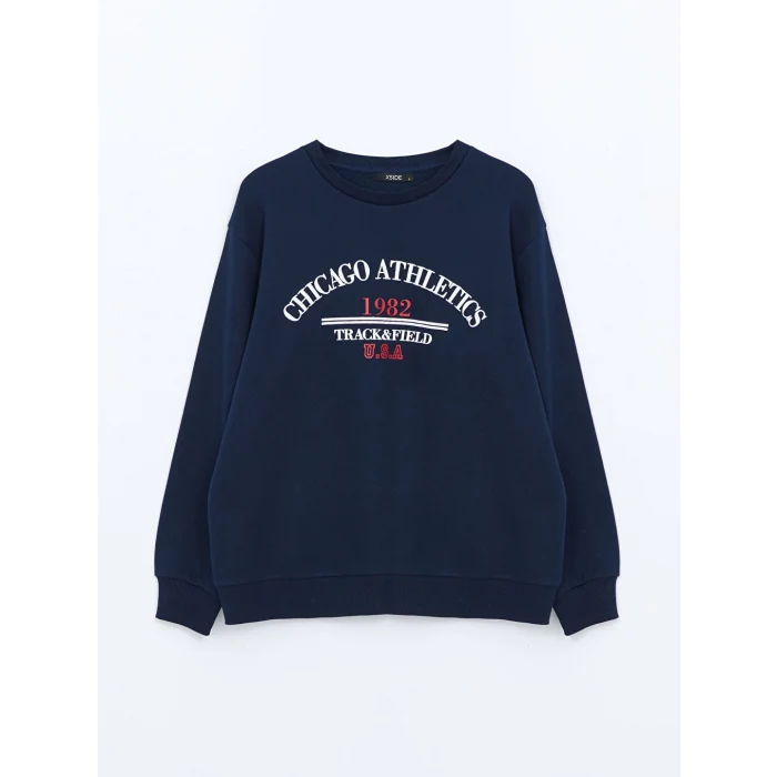 XSIDE Lacivert Bisiklet Yaka Baskılı Kadın Kalın Sweatshirt