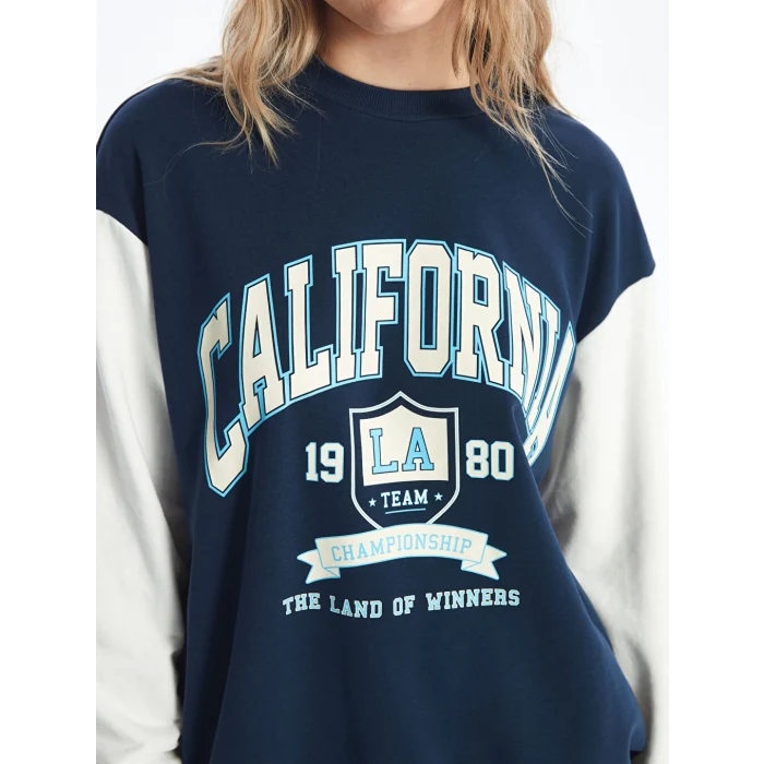 XSIDE Lacivert Bisiklet Yaka Baskılı Uzun Kollu Oversize Kadın Sweatshirt