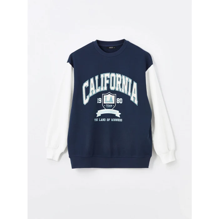 XSIDE Lacivert Bisiklet Yaka Baskılı Uzun Kollu Oversize Kadın Sweatshirt