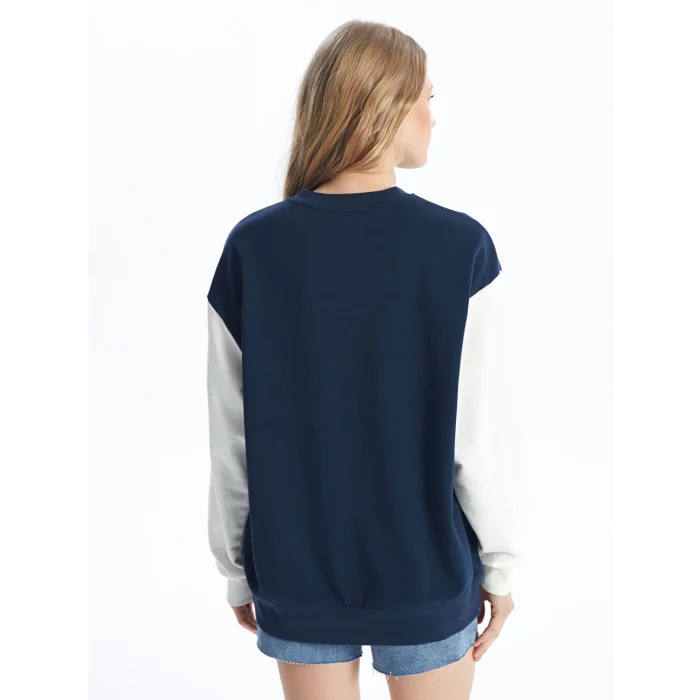 XSIDE Lacivert Bisiklet Yaka Baskılı Uzun Kollu Oversize Kadın Sweatshirt