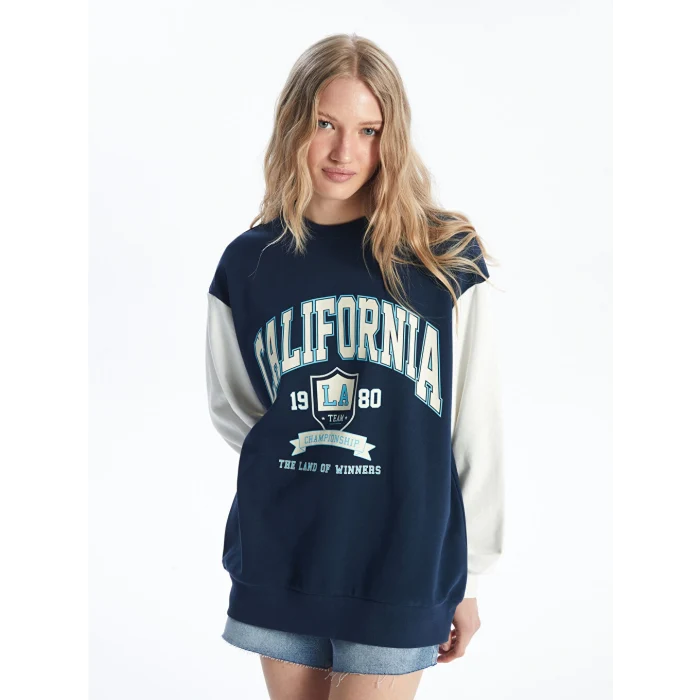 XSIDE Lacivert Bisiklet Yaka Baskılı Uzun Kollu Oversize Kadın Sweatshirt