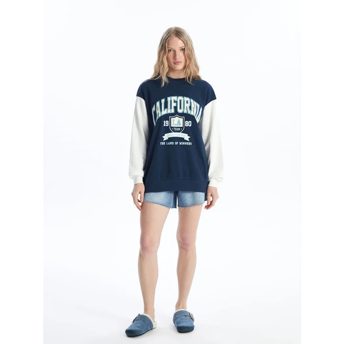 XSIDE Lacivert Bisiklet Yaka Baskılı Uzun Kollu Oversize Kadın Sweatshirt