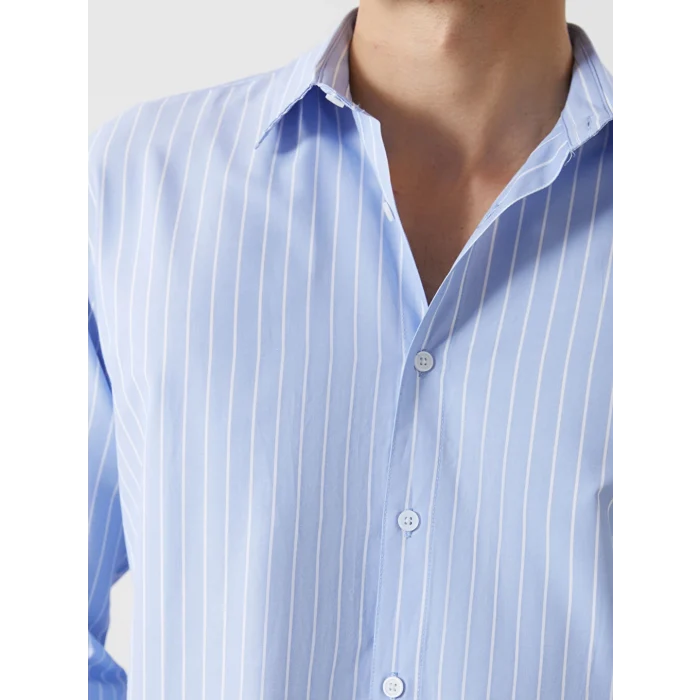 XSIDE Mavi Rahat Kalıp Uzun Kollu Çizgili Erkek Gömlek
