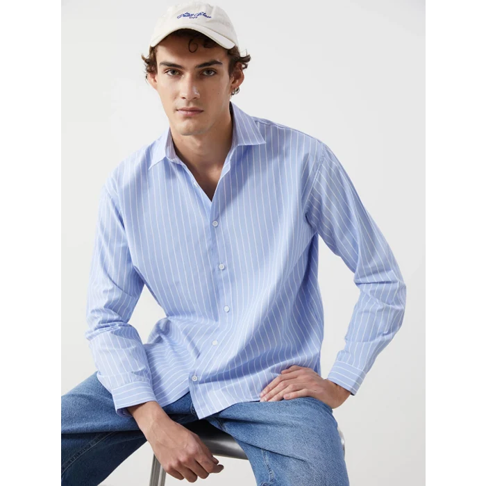 XSIDE Mavi Rahat Kalıp Uzun Kollu Çizgili Erkek Gömlek