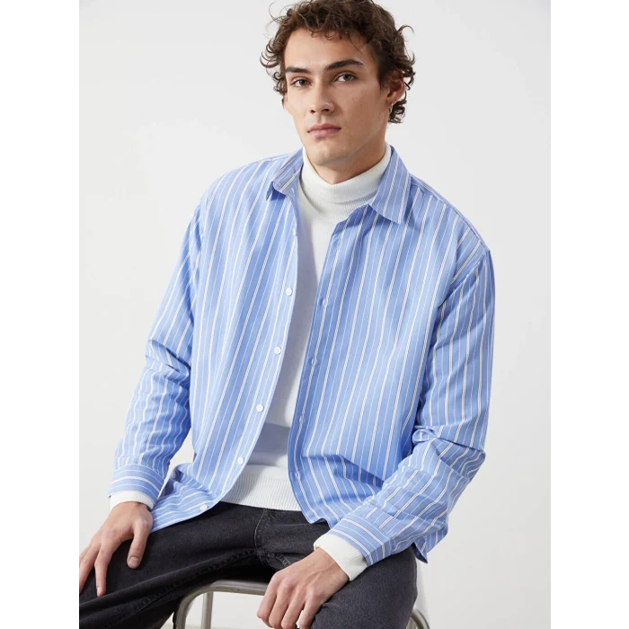 XSIDE Mavi Rahat Kalıp Uzun Kollu Çizgili Erkek Gömlek