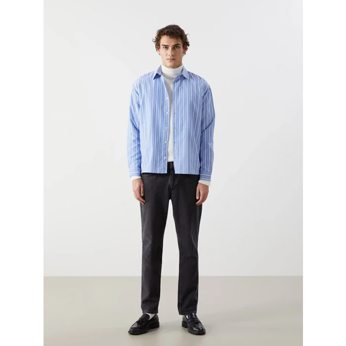 XSIDE Mavi Rahat Kalıp Uzun Kollu Çizgili Erkek Gömlek