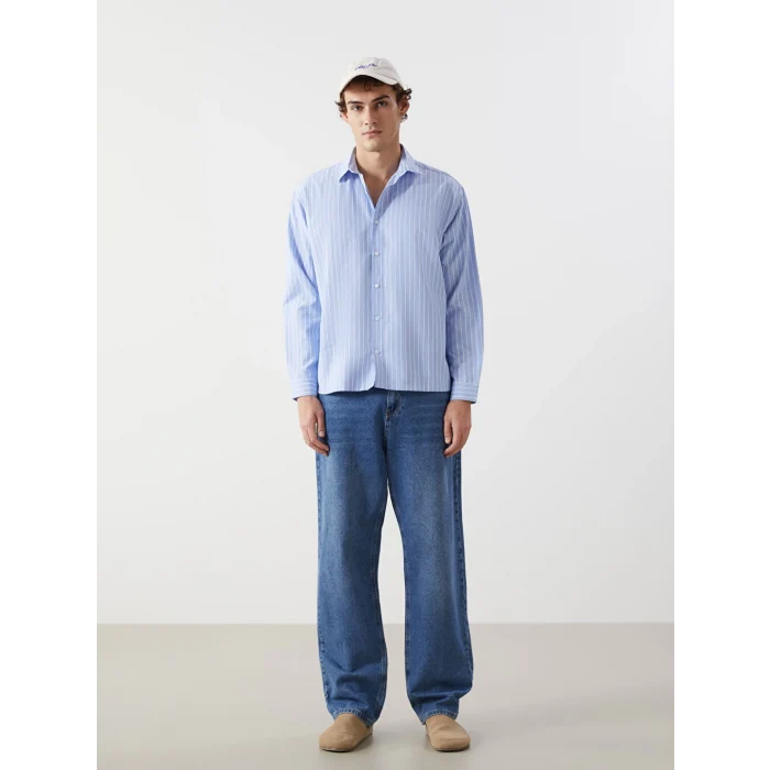 XSIDE Mavi Rahat Kalıp Uzun Kollu Çizgili Erkek Gömlek
