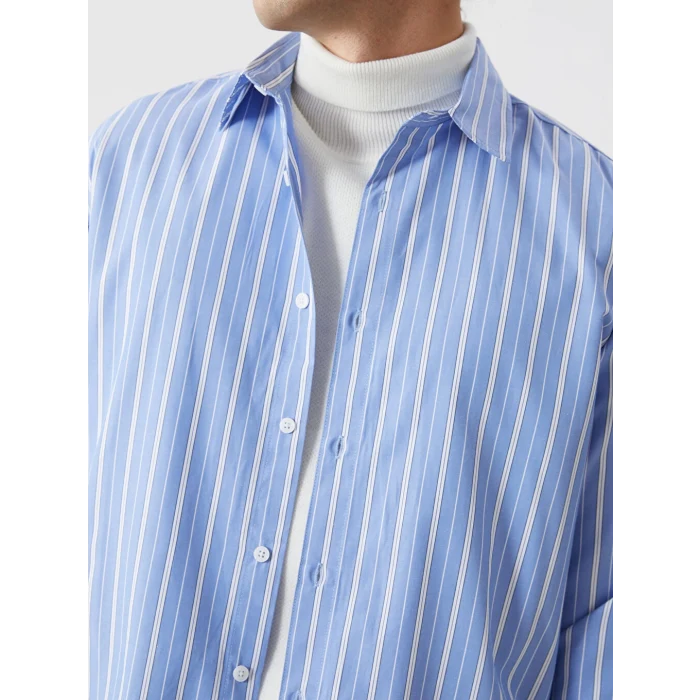 XSIDE Mavi Rahat Kalıp Uzun Kollu Çizgili Erkek Gömlek