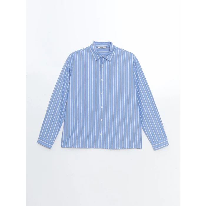 XSIDE Mavi Rahat Kalıp Uzun Kollu Çizgili Erkek Gömlek