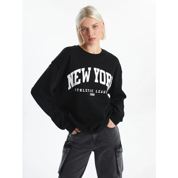 XSIDE Siyah Bisiklet Yaka Baskılı Oversize Kadın Kalın Sweatshirt