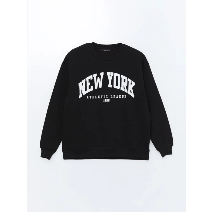 XSIDE Siyah Bisiklet Yaka Baskılı Oversize Kadın Kalın Sweatshirt
