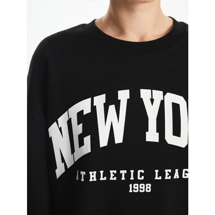 XSIDE Siyah Bisiklet Yaka Baskılı Oversize Kadın Kalın Sweatshirt