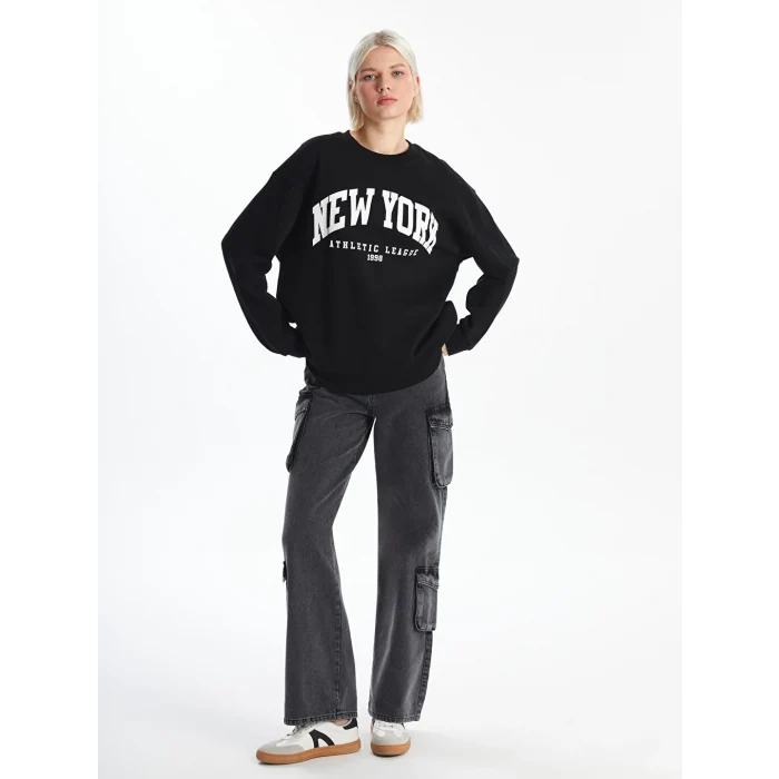 XSIDE Siyah Bisiklet Yaka Baskılı Oversize Kadın Kalın Sweatshirt