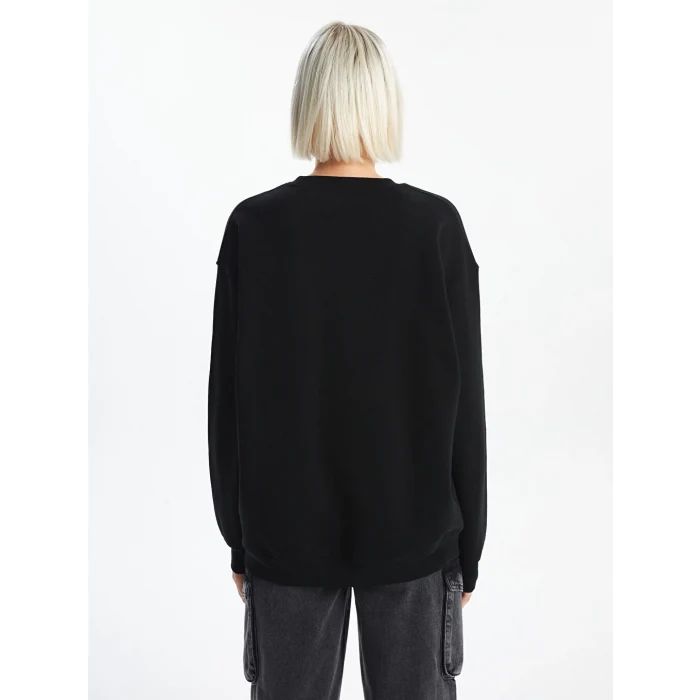 XSIDE Siyah Bisiklet Yaka Baskılı Oversize Kadın Kalın Sweatshirt