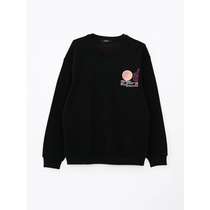 XSIDE Siyah Bisiklet Yaka Uzun Kollu Baskılı Erkek Kalın Sweatshirt