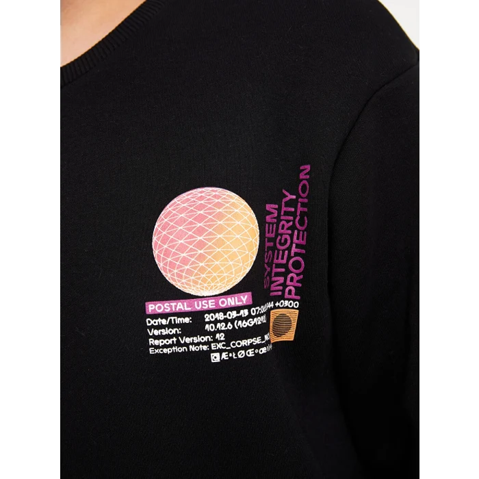 XSIDE Siyah Bisiklet Yaka Uzun Kollu Baskılı Erkek Kalın Sweatshirt