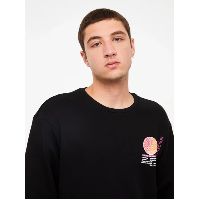 XSIDE Siyah Bisiklet Yaka Uzun Kollu Baskılı Erkek Kalın Sweatshirt