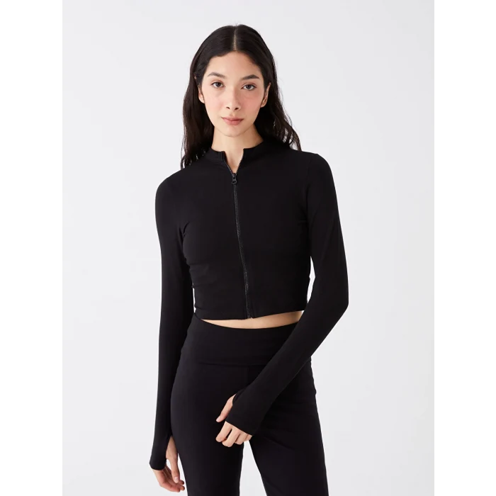 XSIDE Siyah Dik Yaka Düz Uzun Kollu Crop Kadın Hırka