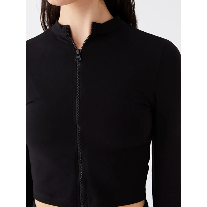 XSIDE Siyah Dik Yaka Düz Uzun Kollu Crop Kadın Hırka