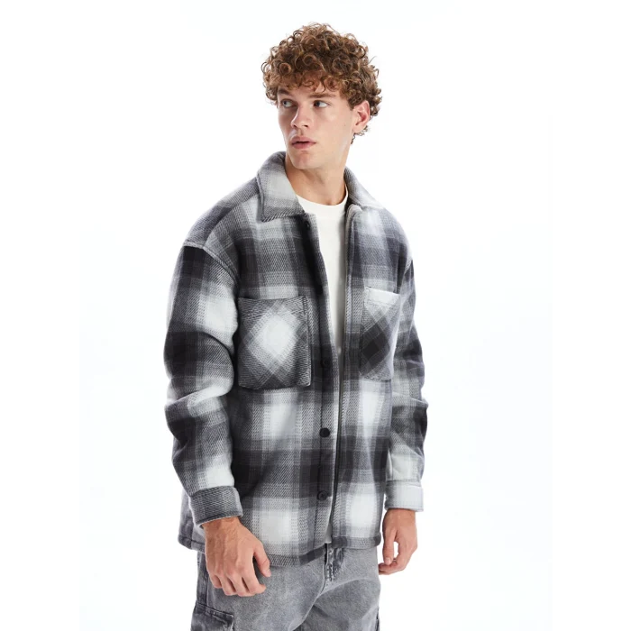 XSIDE Siyah Rahat Kalıp Uzun Kollu Ekose Erkek Gömlek Ceket