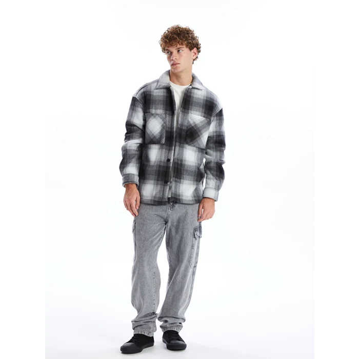 XSIDE Siyah Rahat Kalıp Uzun Kollu Ekose Erkek Gömlek Ceket