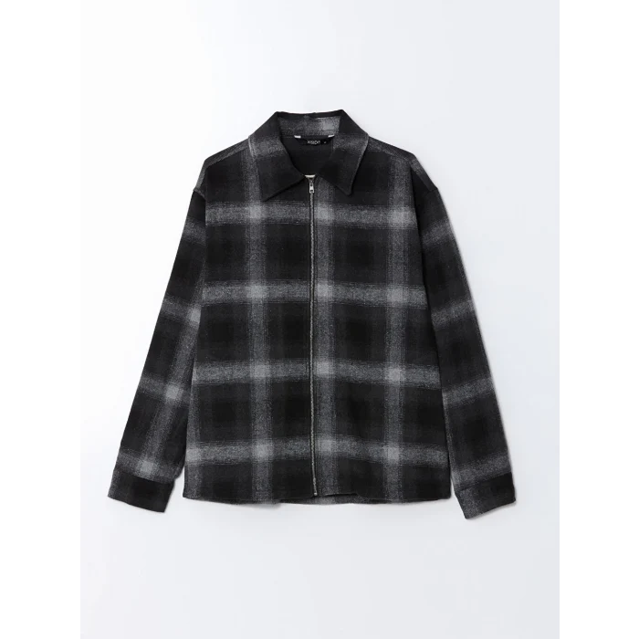 XSIDE Siyah Rahat Kalıp Uzun Kollu Ekose Erkek Oduncu Gömlek Ceket