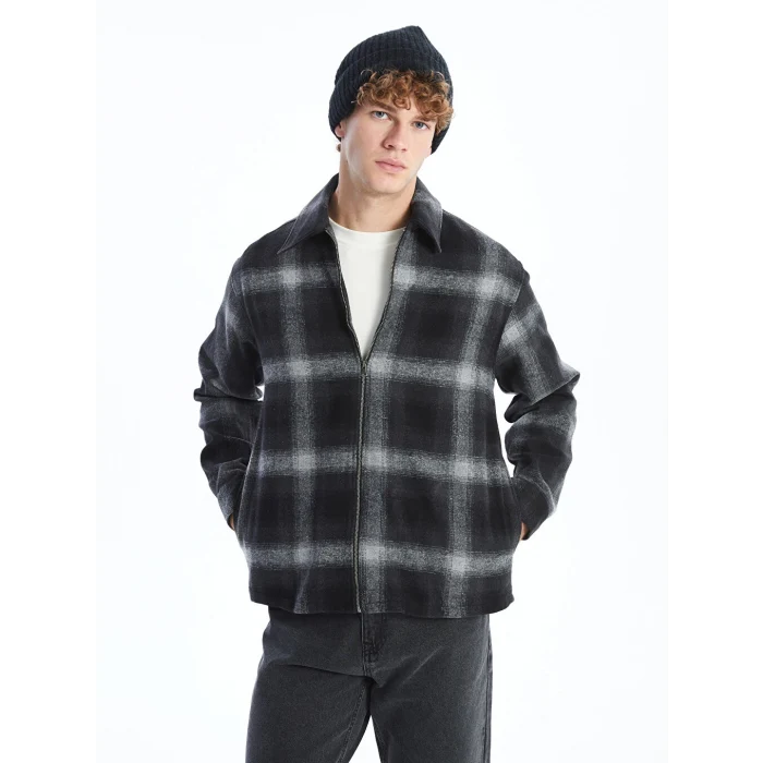 XSIDE Siyah Rahat Kalıp Uzun Kollu Ekose Erkek Oduncu Gömlek Ceket