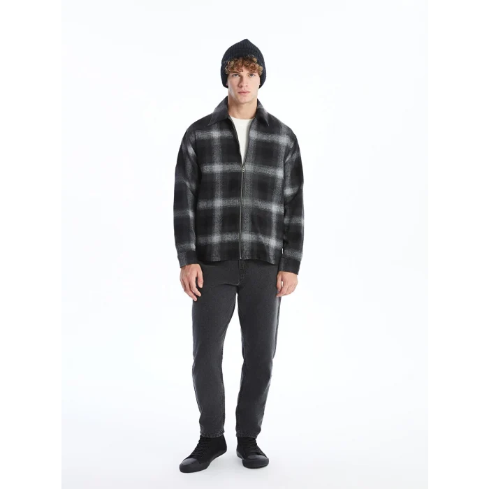 XSIDE Siyah Rahat Kalıp Uzun Kollu Ekose Erkek Oduncu Gömlek Ceket