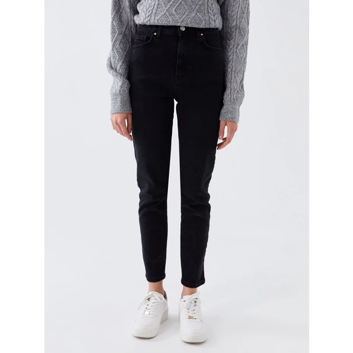 XSIDE Siyah Yüksek Bel Slim Mom Kadın Jean Pantolon