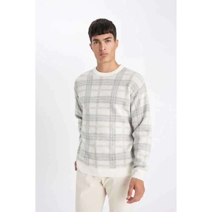 Y0619 Relax Fit Bisiklet Yaka Desenli Triko Kazak