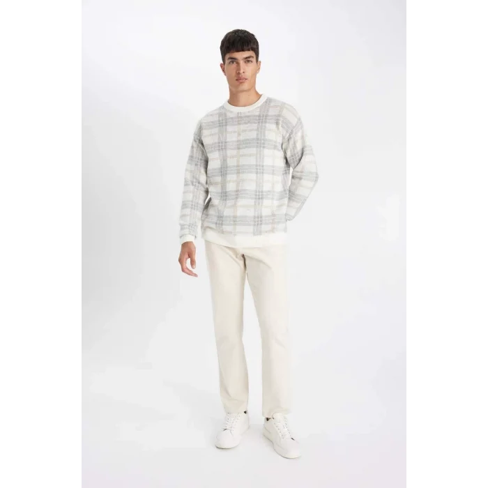 Y0619 Relax Fit Bisiklet Yaka Desenli Triko Kazak