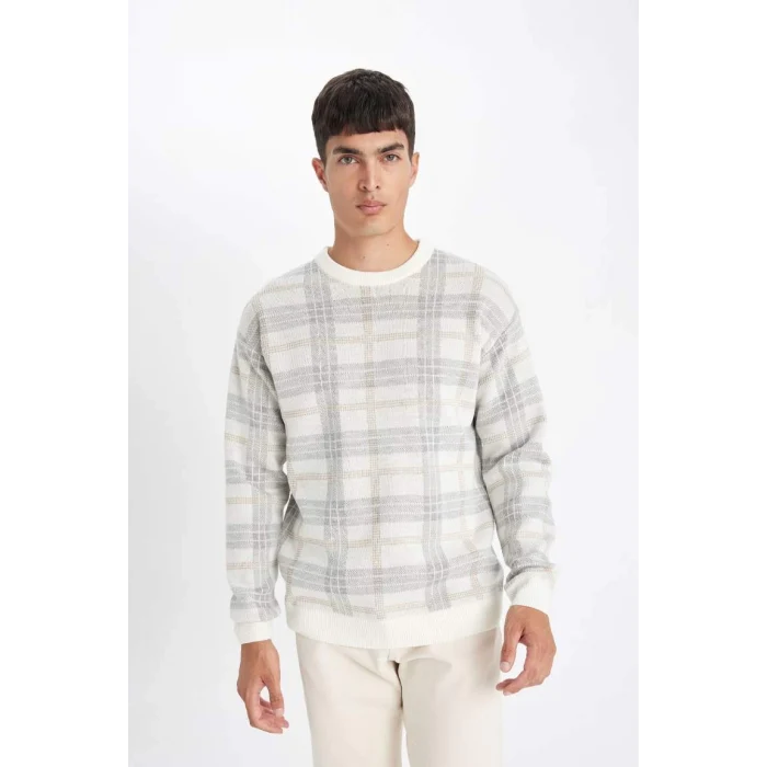 Y0619 Relax Fit Bisiklet Yaka Desenli Triko Kazak