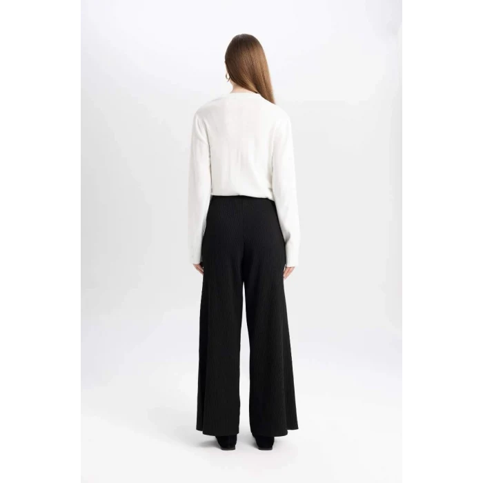 Y1325 Relax Fit Beli Lastikli Geniş Paça Basic Düz Triko Pantolon