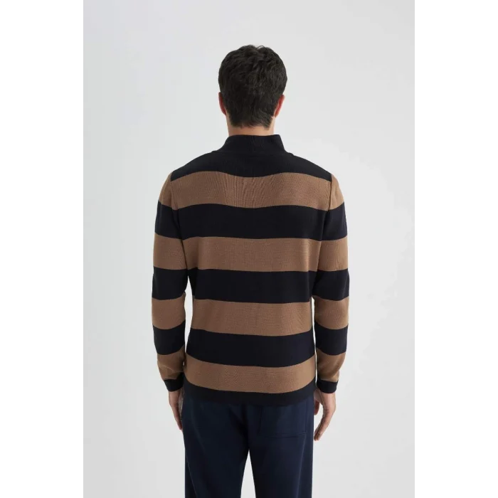 Y1577 Slim Fit Dar Kesim Çizgili Dik Yaka Fermuarlı Triko Kazak