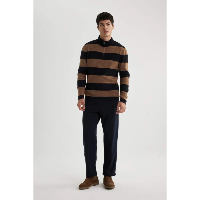 Y1577 Slim Fit Dar Kesim Çizgili Dik Yaka Fermuarlı Triko Kazak