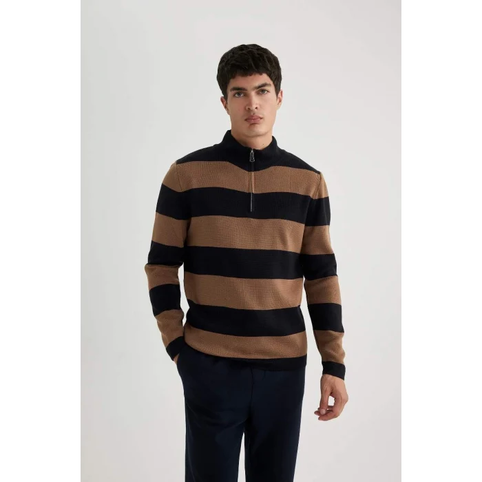 Y1577 Slim Fit Dar Kesim Çizgili Dik Yaka Fermuarlı Triko Kazak