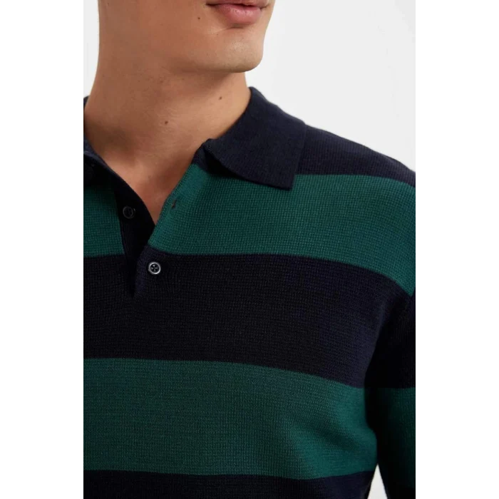 Y4194 Standart Fit Polo Yaka Çizgili Triko Kazak