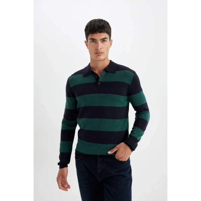 Y4194 Standart Fit Polo Yaka Çizgili Triko Kazak
