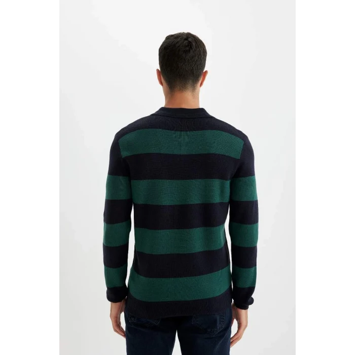 Y4194 Standart Fit Polo Yaka Çizgili Triko Kazak