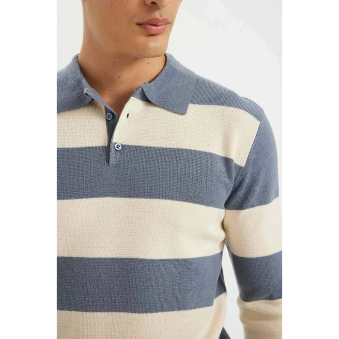 Y4194 Standart Fit Normal Kesim Çizgili Polo Yaka Triko Kazak