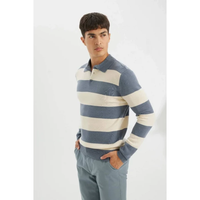 Y4194 Standart Fit Normal Kesim Çizgili Polo Yaka Triko Kazak