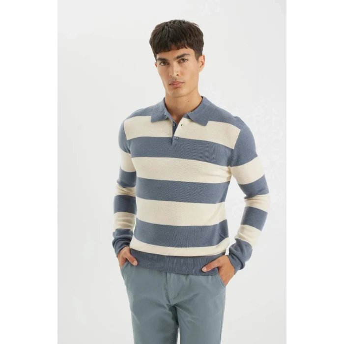 Y4194 Standart Fit Normal Kesim Çizgili Polo Yaka Triko Kazak