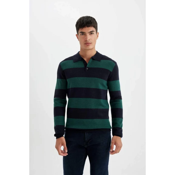 Y4194 Standart Fit Polo Yaka Çizgili Triko Kazak