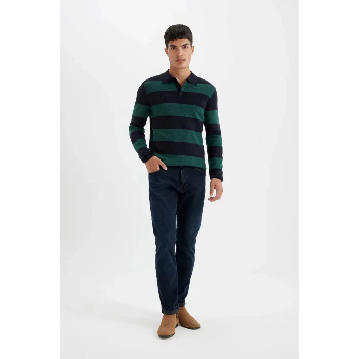 Y4194 Standart Fit Polo Yaka Çizgili Triko Kazak