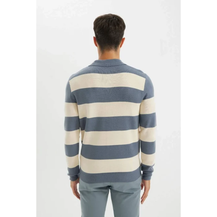 Y4194 Standart Fit Normal Kesim Çizgili Polo Yaka Triko Kazak