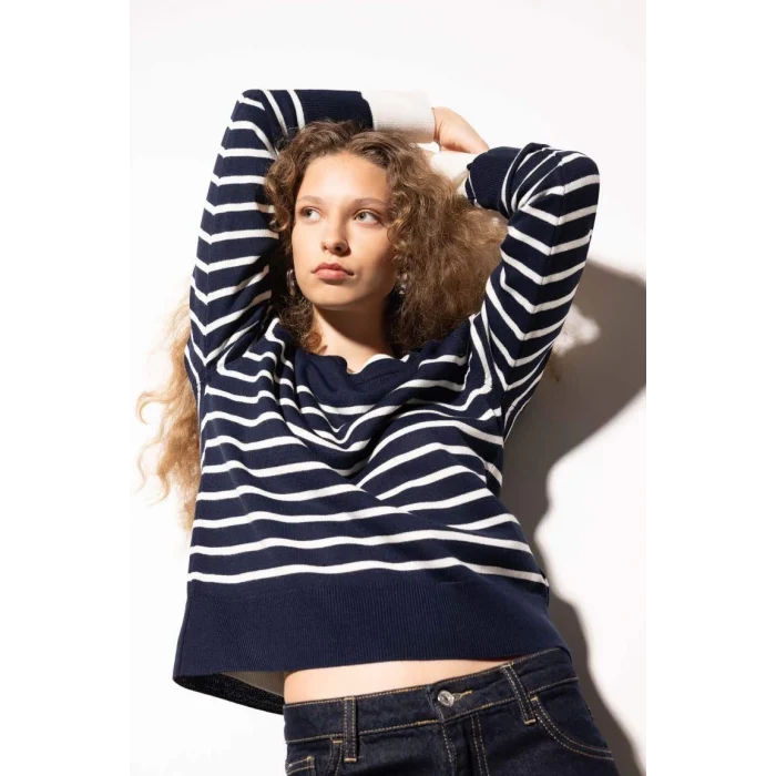 Z1317 Regular Fit Bisiklet Yaka Çizgili Kazak