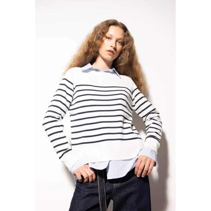 Z1317 Regular Fit Bisiklet Yaka Çizgili Kazak