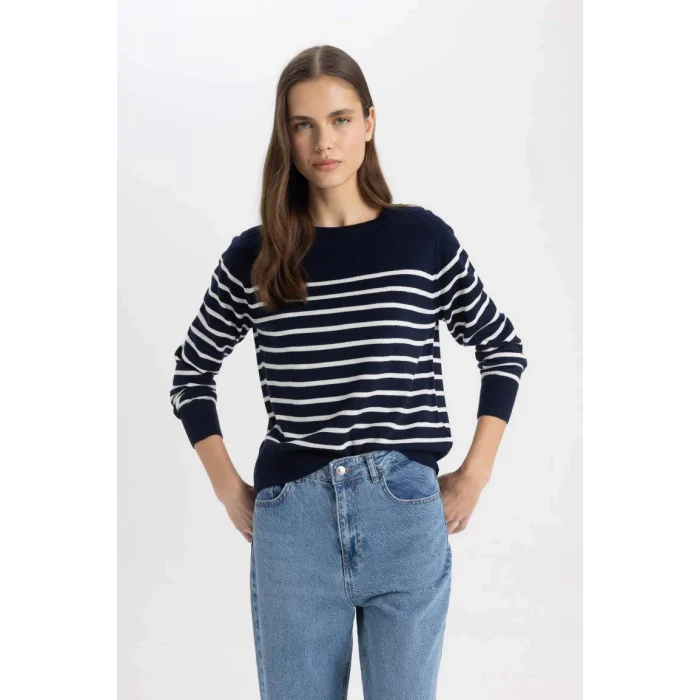 Z1317 Regular Fit Bisiklet Yaka Çizgili Kazak