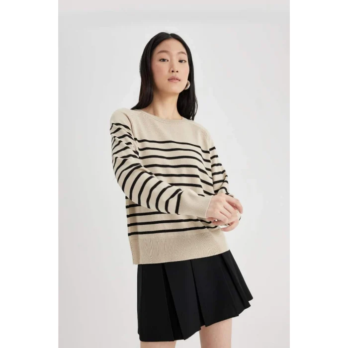 Z1317 Regular Fit Bisiklet Yaka Çizgili Kazak